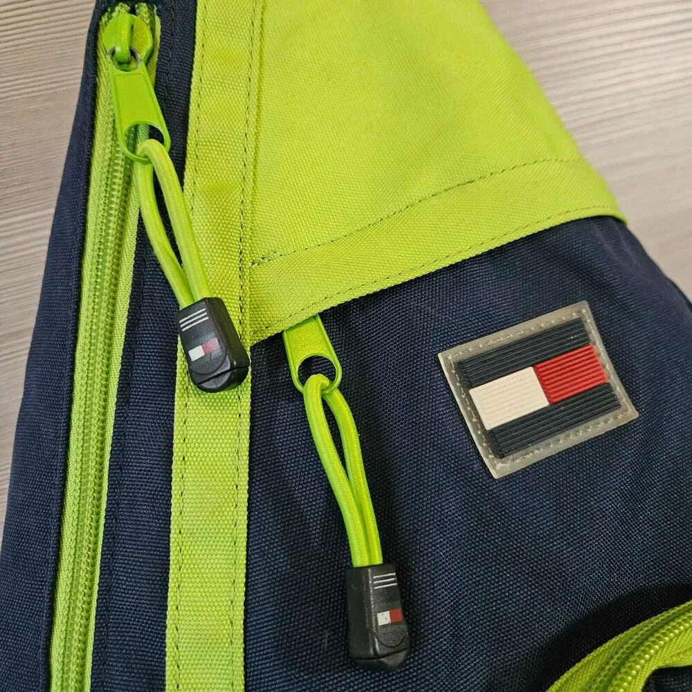 Tommy Hilfiger‎ Logo Blue Lime Green Crossbody Sling Ergo Bag Backpack Vintage